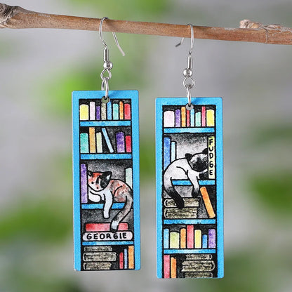 1 Pair Retro Book Cartoon Cat Wood Drop Earrings