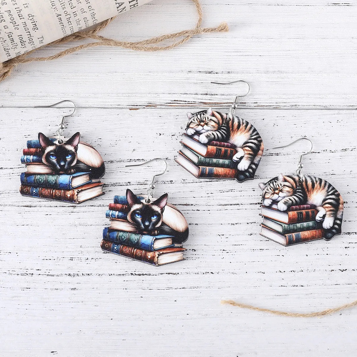 1 Pair Retro Book Cartoon Cat Wood Drop Earrings