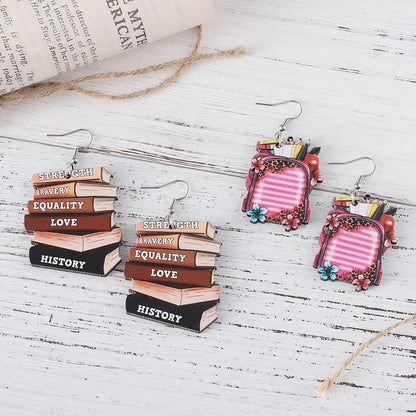 1 Pair Retro Book Cartoon Cat Wood Drop Earrings