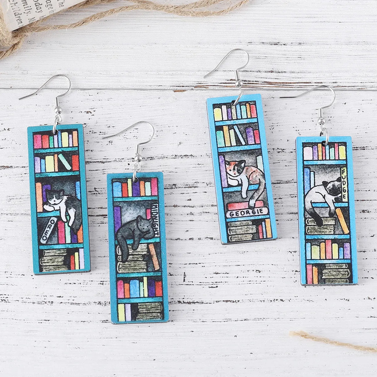 1 Pair Retro Book Cartoon Cat Wood Drop Earrings