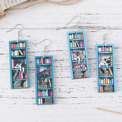 1 Pair Retro Book Cartoon Cat Wood Drop Earrings