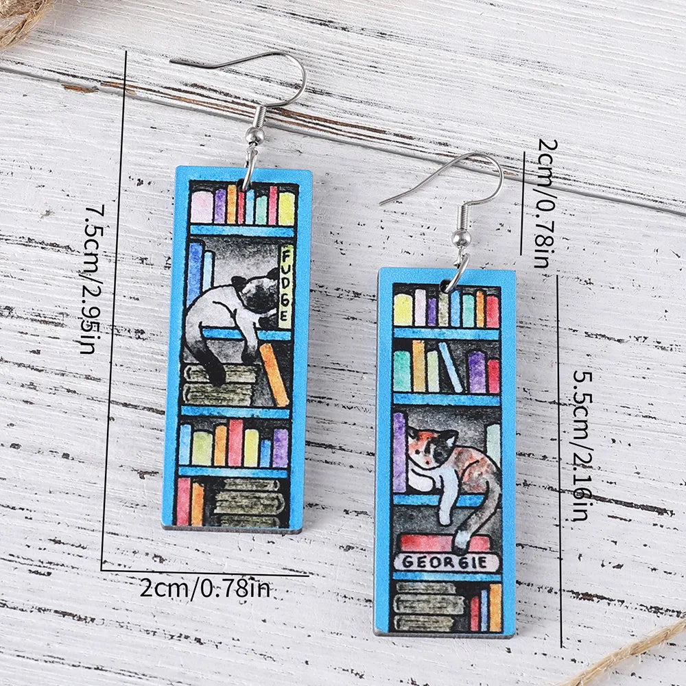 1 Pair Retro Book Cartoon Cat Wood Drop Earrings