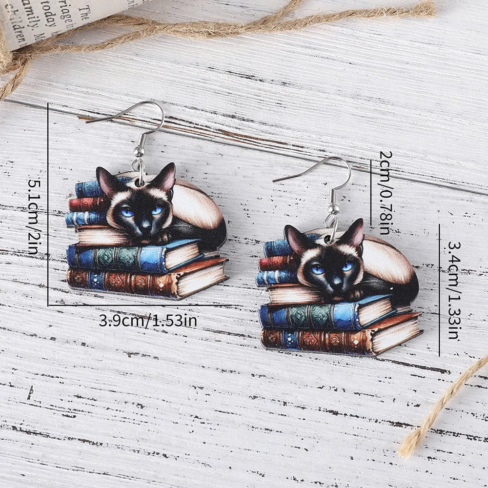 1 Pair Retro Book Cartoon Cat Wood Drop Earrings