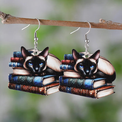 1 Pair Retro Book Cartoon Cat Wood Drop Earrings