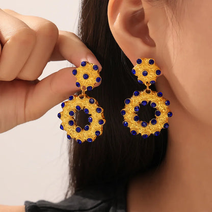 1 Pair Retro British Style Circle Round Plating Inlay 304 Stainless Steel Rhinestones 18K Gold Plated Drop Earrings