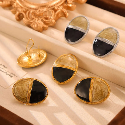 1 Pair Retro British Style Oval Enamel Plating 304 Stainless Steel 18K Gold Plated Ear Studs