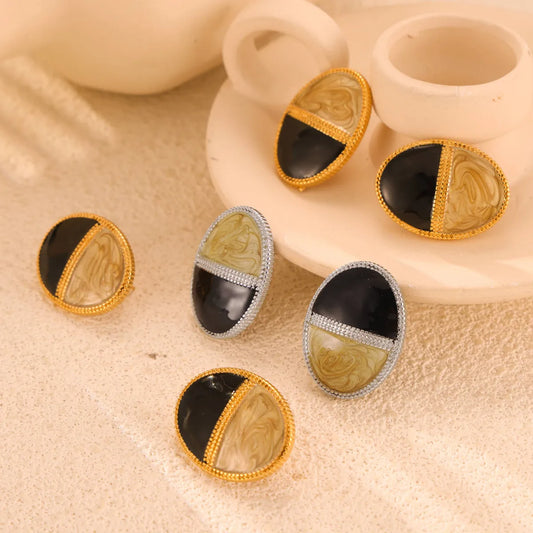 1 Pair Retro British Style Oval Enamel Plating 304 Stainless Steel 18K Gold Plated Ear Studs