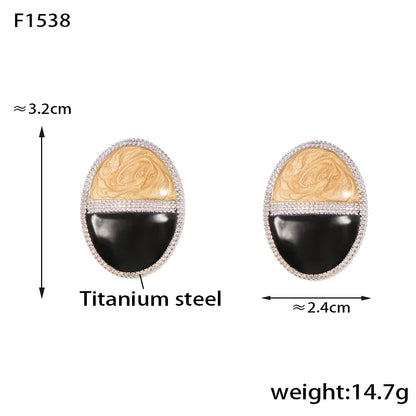 1 Pair Retro British Style Oval Enamel Plating 304 Stainless Steel 18K Gold Plated Ear Studs