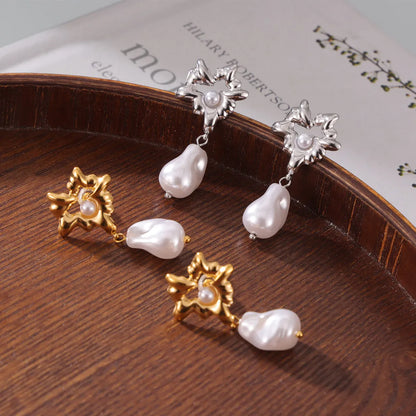 1 Pair Retro British Style Round Oval Heart Shape Plating 304 Stainless Steel Artificial Pearl 18K Gold Plated Drop Earrings