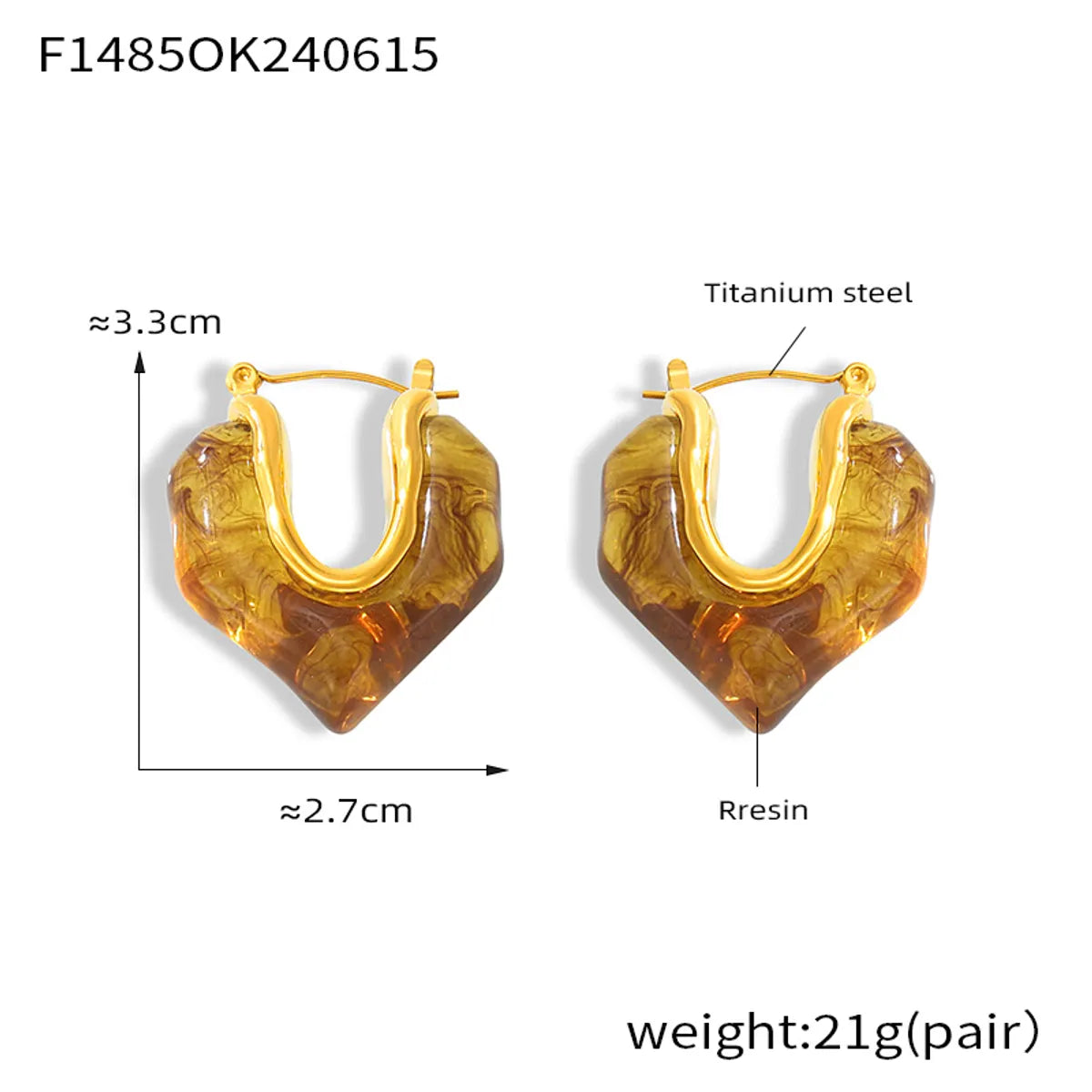 1 Pair Retro British Style U Shape Heart Shape Plating 304 Stainless Steel Resin 18K Gold Plated Earrings