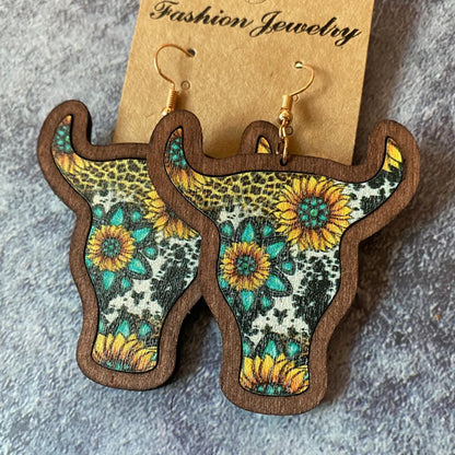 1 Pair Retro Bull Head Wood Women'S Drop Earrings