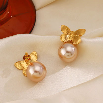 1 Pair Retro Butterfly Plating Inlay 304 Stainless Steel Artificial Pearls 18K Gold Plated Ear Studs