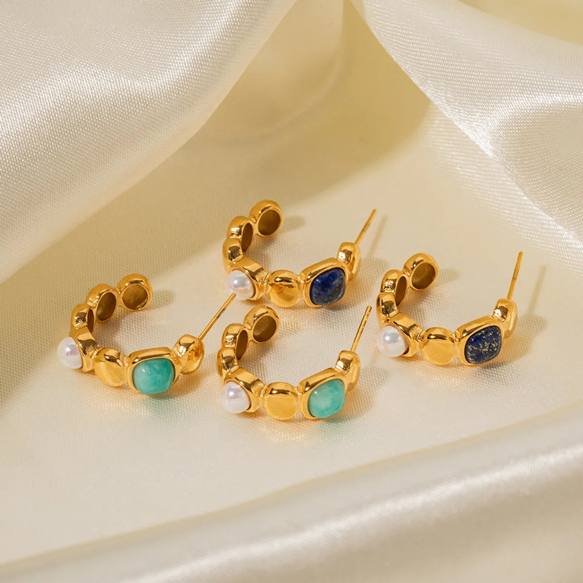 1 Pair Retro C Shape Plating Inlay Stainless Steel Artificial Pearls Natural Stone 18k Gold Plated Ear Studs