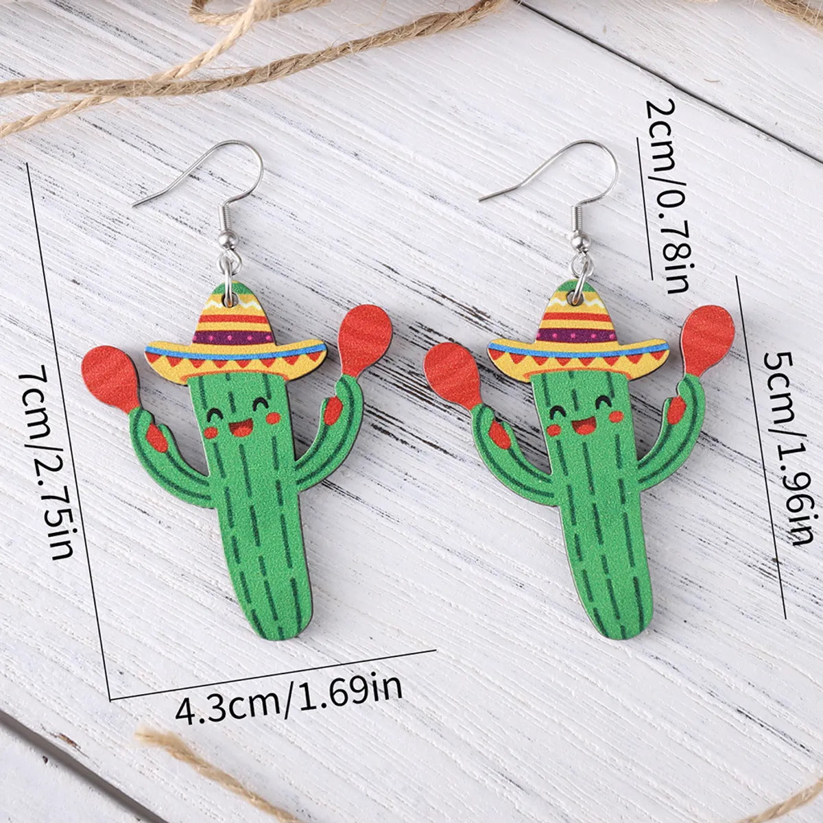 1 Pair Retro Cactus Cartoon Plant Wood Drop Earrings