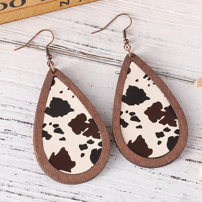 1 Pair Retro Cactus Water Droplets Cattle Pu Leather Wood Drop Earrings