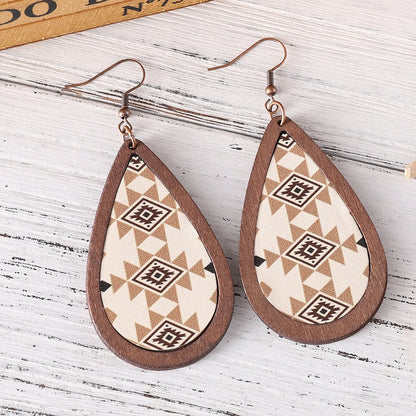 1 Pair Retro Cactus Water Droplets Cattle Pu Leather Wood Drop Earrings