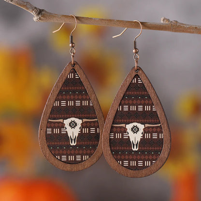 1 Pair Retro Cactus Water Droplets Cattle Pu Leather Wood Drop Earrings