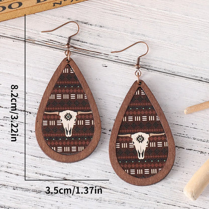 1 Pair Retro Cactus Water Droplets Cattle Pu Leather Wood Drop Earrings