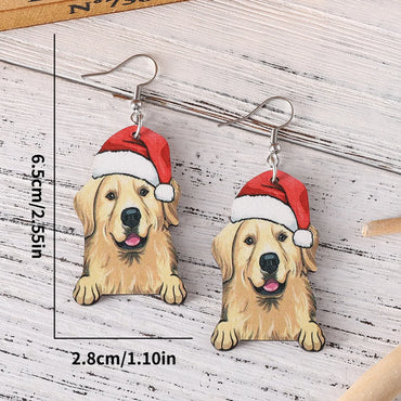 1 Pair Retro Christmas Hat Dog Wood Drop Earrings