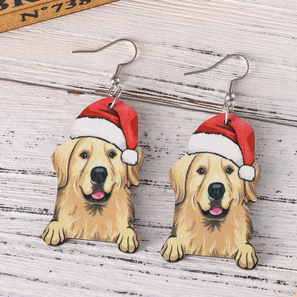 1 Pair Retro Christmas Hat Dog Wood Drop Earrings