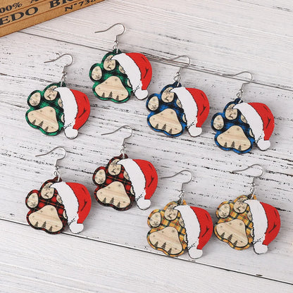 1 Pair Retro Christmas Hat Paw Print Wood Drop Earrings