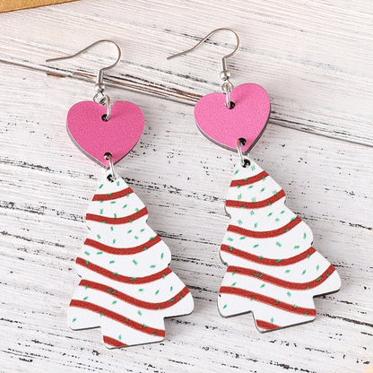 1 Pair Retro Christmas Tree Heart Shape Wood Drop Earrings