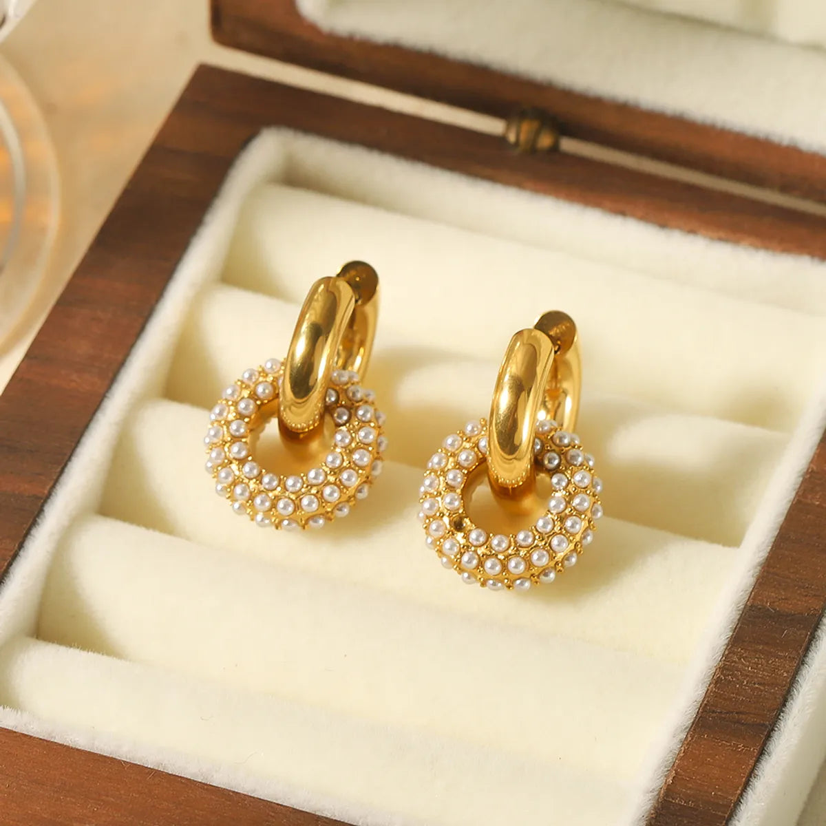 1 Pair Retro Circle Polishing Plating Inlay Stainless Steel Zircon 18k Gold Plated Earrings