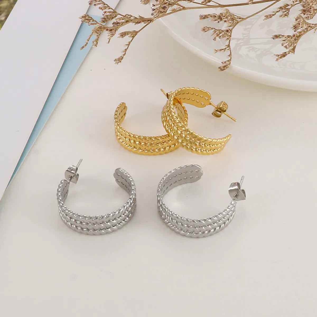 1 Pair Retro Classic Style C Shape Plating Stainless Steel Ear Studs