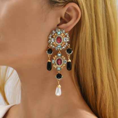 1 Pair Retro Classic Style Flower Plating Inlay Zinc Alloy Artificial Gemstones Drop Earrings