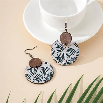 1 Pair Retro Classic Style Geometric Round Leaves Wood Drop Earrings