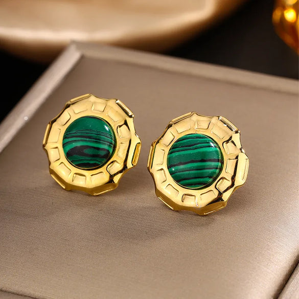 1 Pair Retro Classic Style Round Colorful Plating Inlay 304 Stainless Steel Turquoise Agate Turquoise Agate Pearl 18K Gold Plated Ear Studs