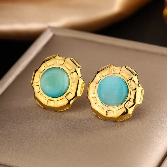 1 Pair Retro Classic Style Round Colorful Plating Inlay 304 Stainless Steel Turquoise Agate Turquoise Agate Pearl 18K Gold Plated Ear Studs
