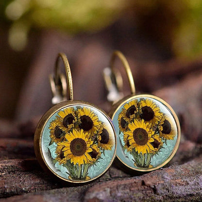 1 Pair Retro Classic Style Sunflower Inlay Alloy Glass Drop Earrings