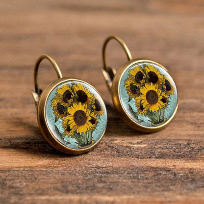 1 Pair Retro Classic Style Sunflower Inlay Alloy Glass Drop Earrings