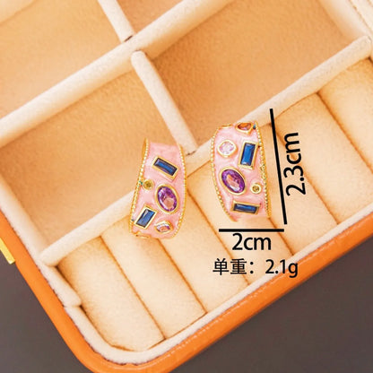 1 Pair Retro Color Block Enamel Plating Inlay Copper Glass Hoop Earrings