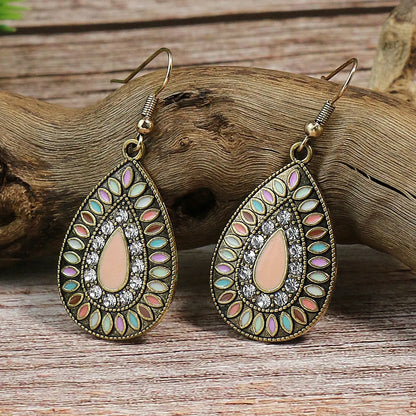 1 Pair Retro Color Block Inlay Alloy Turquoise Drop Earrings