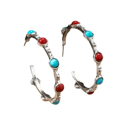 1 Pair Retro Color Block Inlay Alloy Turquoise Earrings