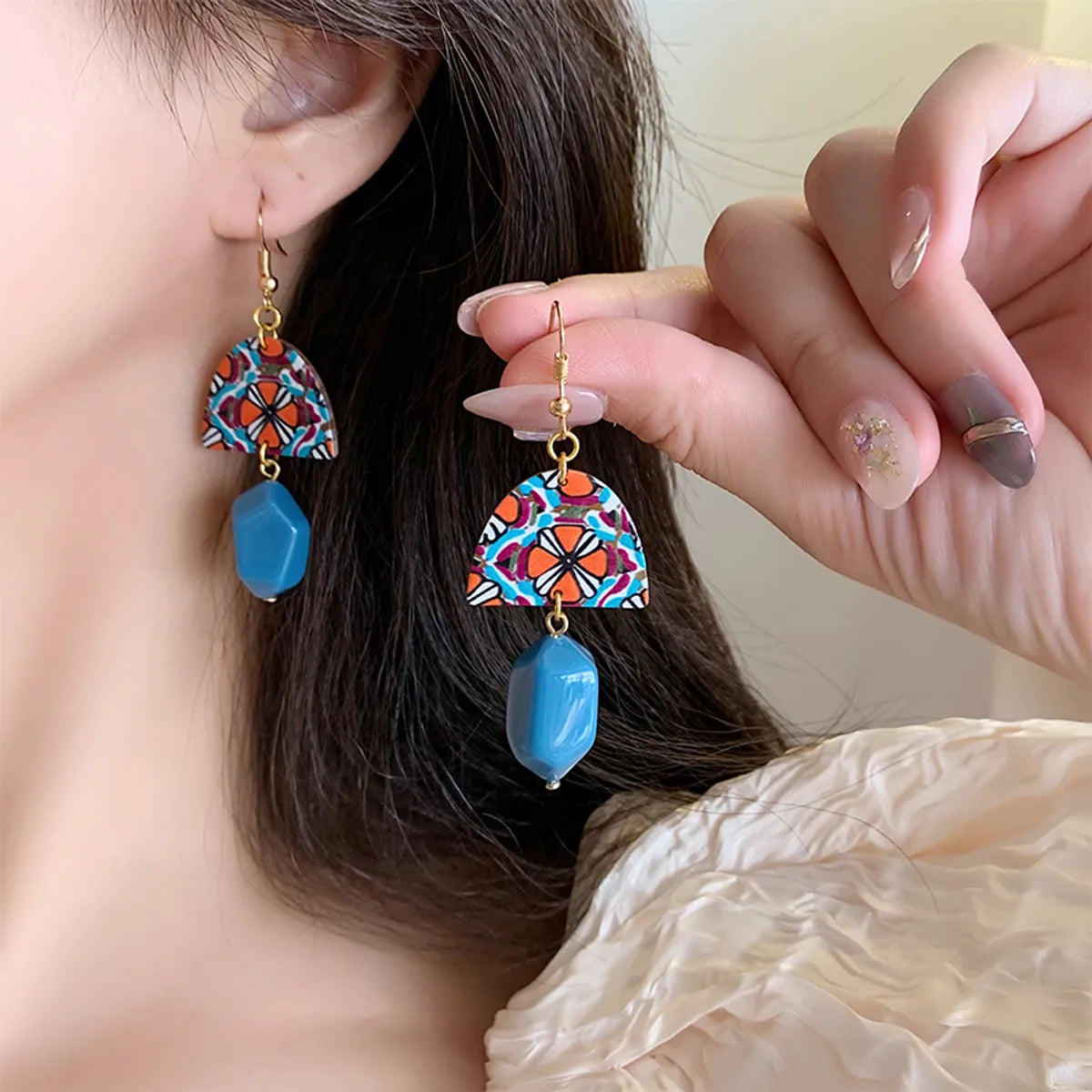 1 Pair Retro Color Block Plating Resin Gold Plated Drop Earrings