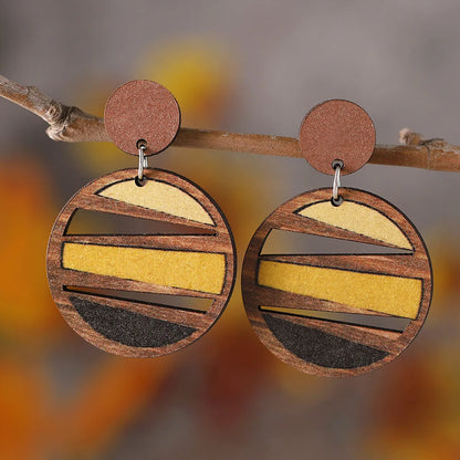 1 Pair Retro Color Block Printing Wood Drop Earrings