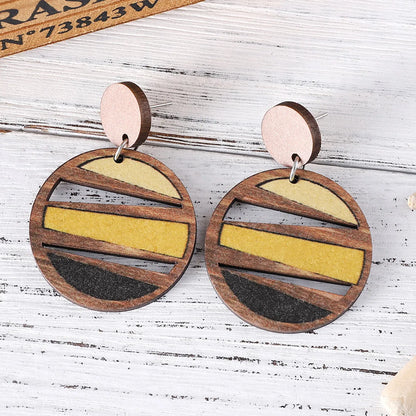 1 Pair Retro Color Block Printing Wood Drop Earrings