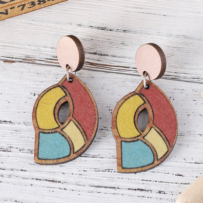 1 Pair Retro Color Block Printing Wood Drop Earrings