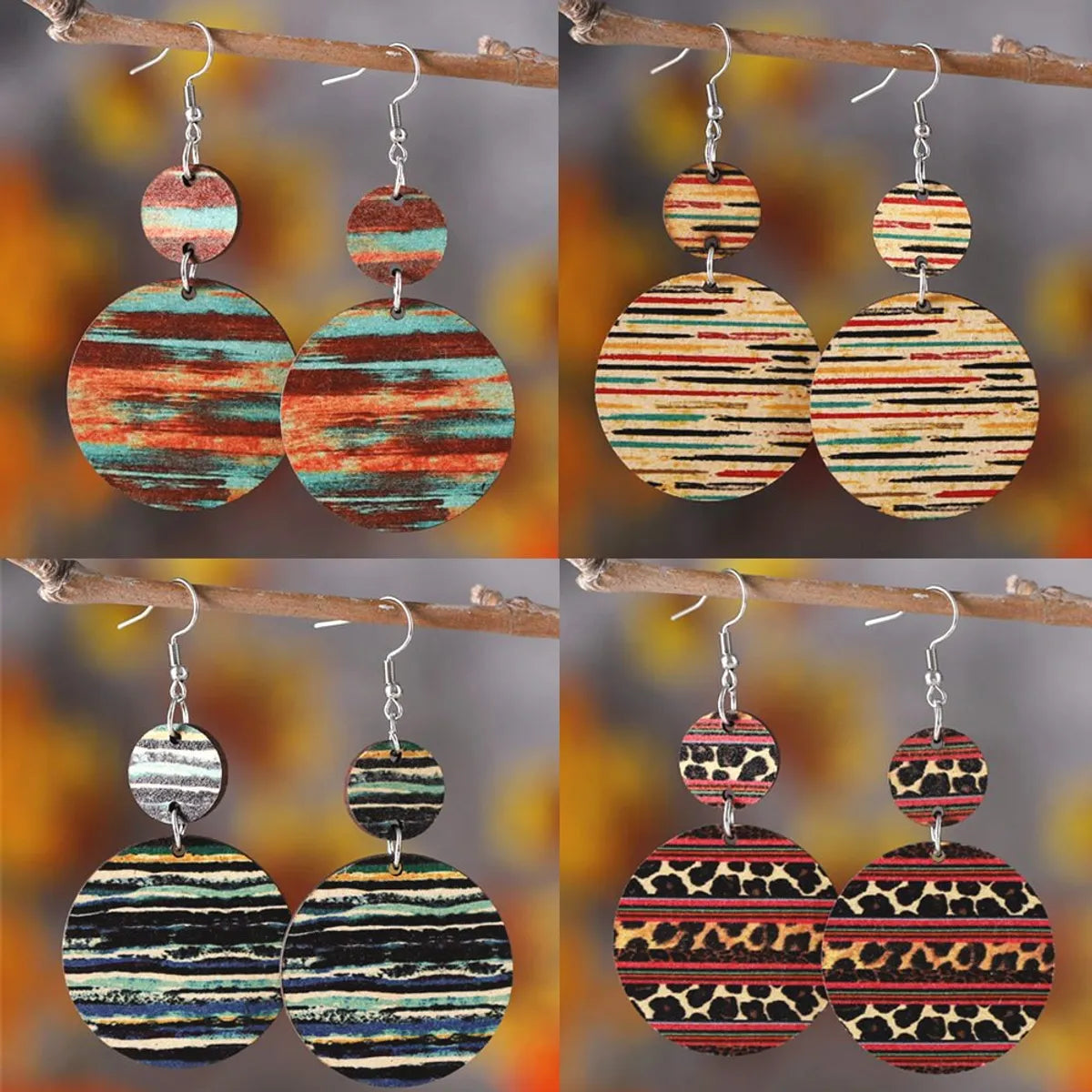 1 Pair Retro Color Block Printing Wood Drop Earrings