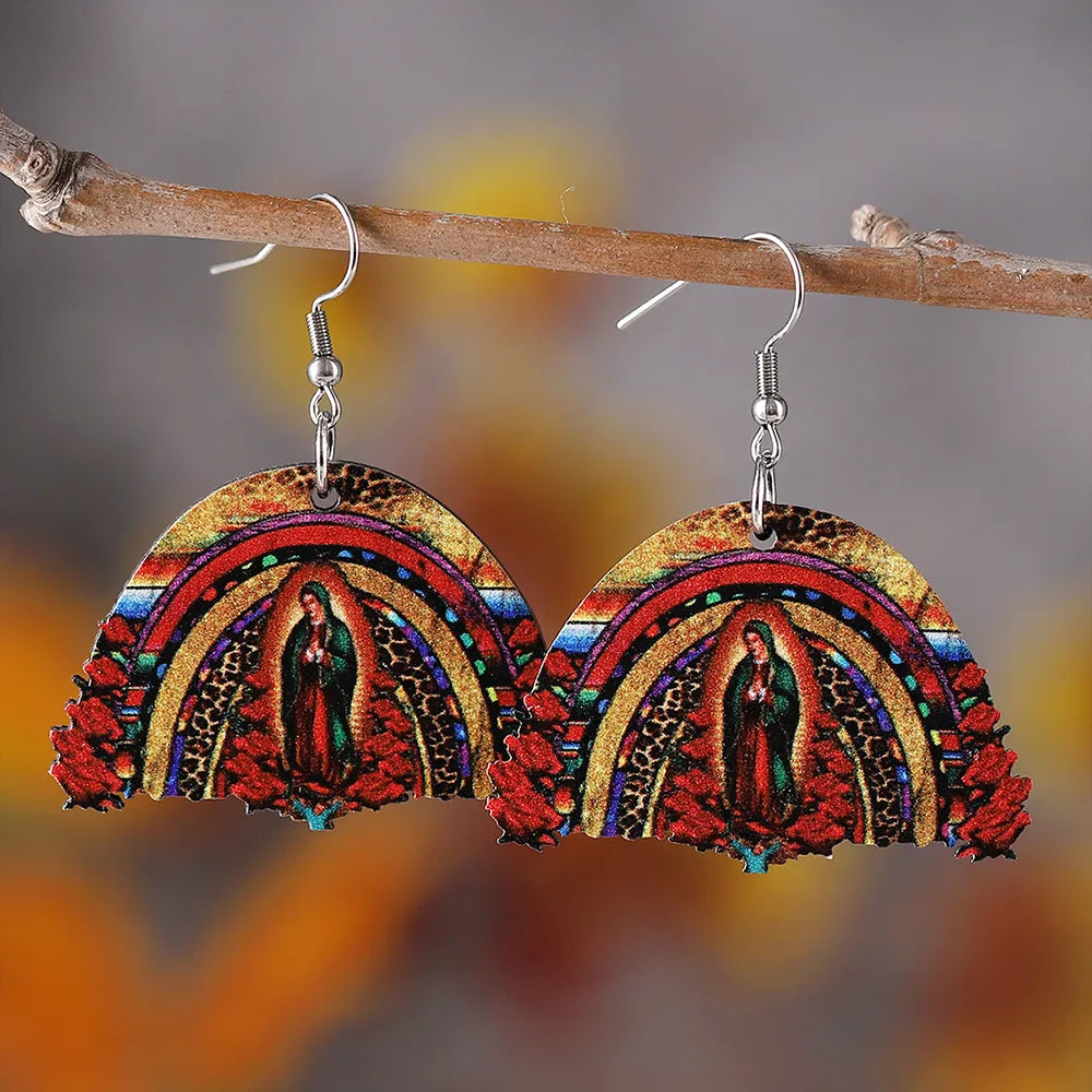 1 Pair Retro Color Block Printing Wood Drop Earrings