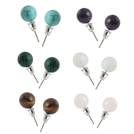 1 Pair Retro Commute Round Inlay Natural Stone Turquoise Tiger Eye Gem Ear Studs