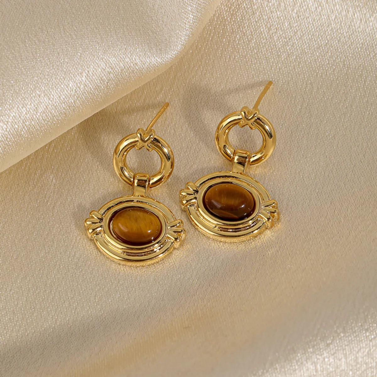 1 Pair Retro Commute Round Plating Inlay Copper Natural Stone Agate 18k Gold Plated Earrings