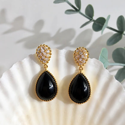 1 Pair Retro Commute Water Droplets Inlay Copper Agate Zircon Drop Earrings