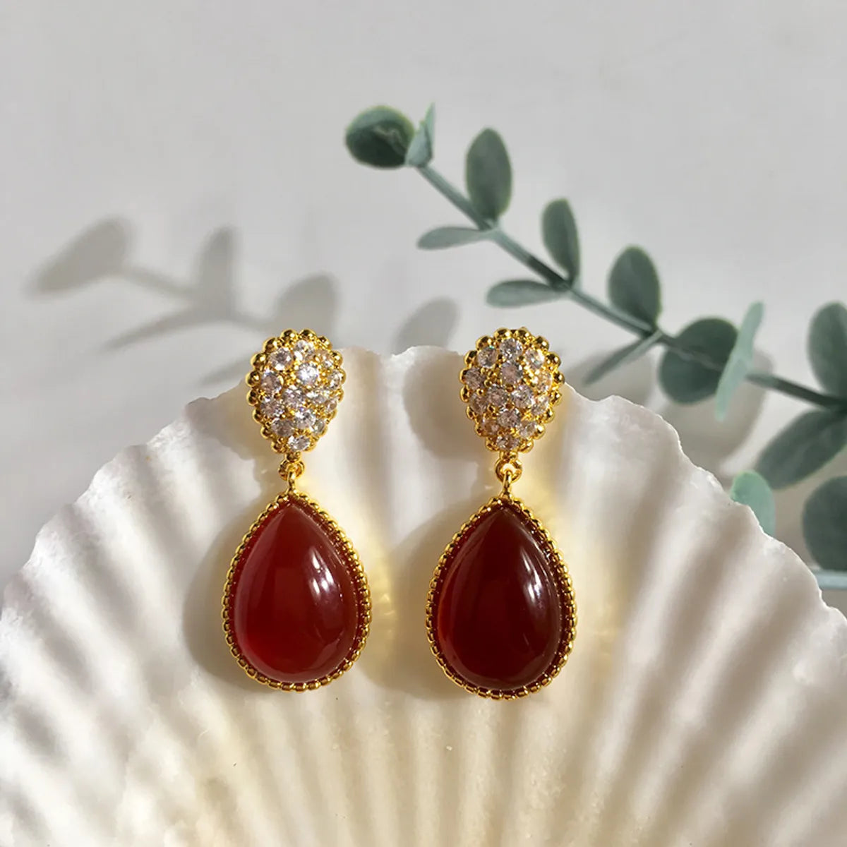 1 Pair Retro Commute Water Droplets Inlay Copper Agate Zircon Drop Earrings