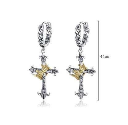 1 Pair Retro Cross Crown Plating Copper White Gold Plated Drop Earrings