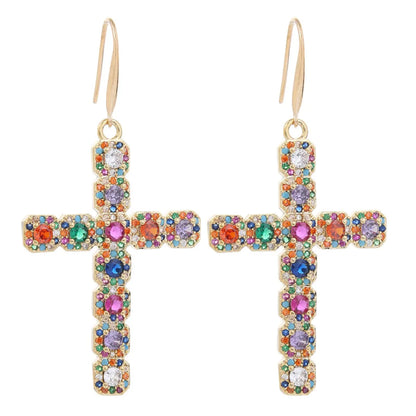 1 Pair Retro Cross Inlay Copper Zircon Drop Earrings