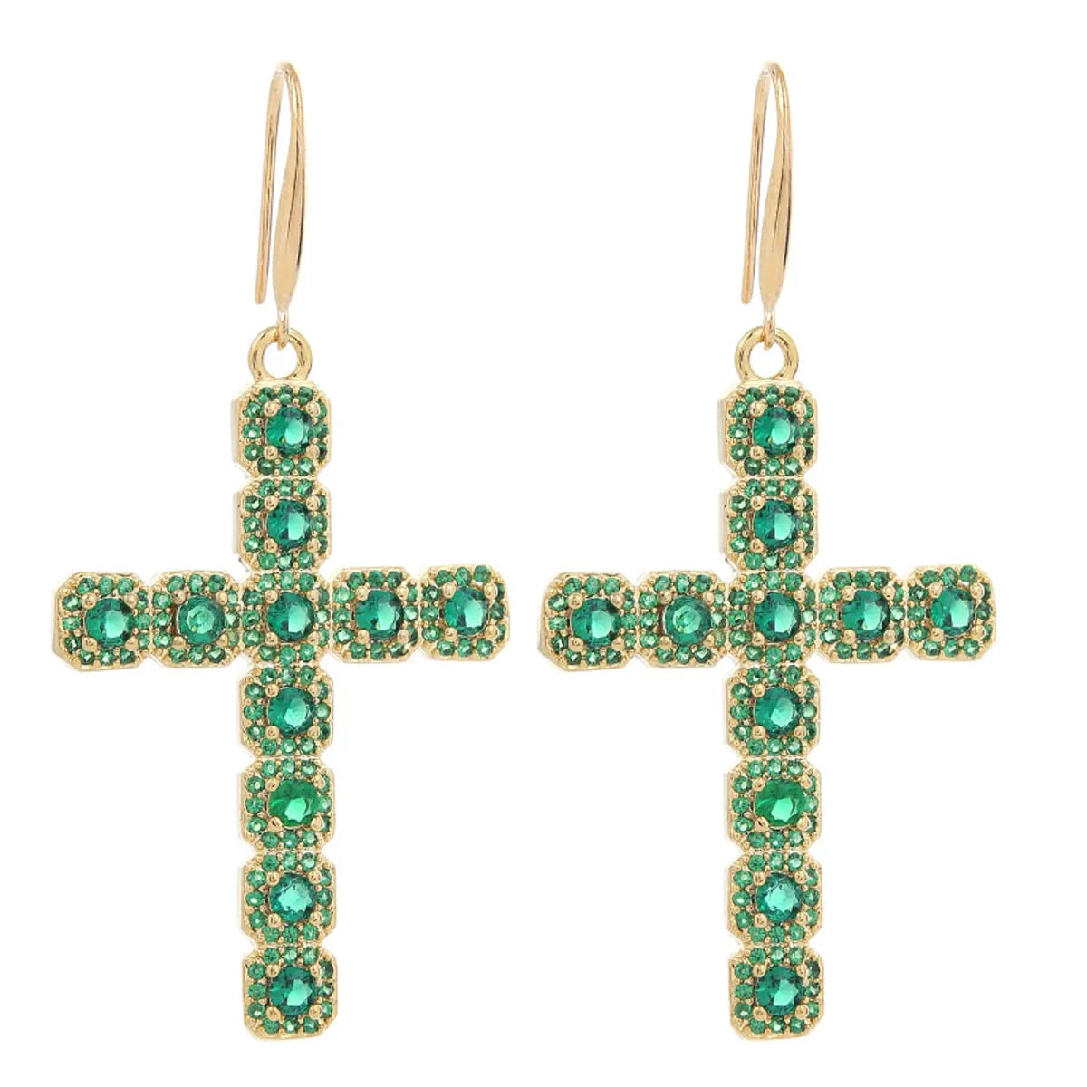 1 Pair Retro Cross Inlay Copper Zircon Drop Earrings